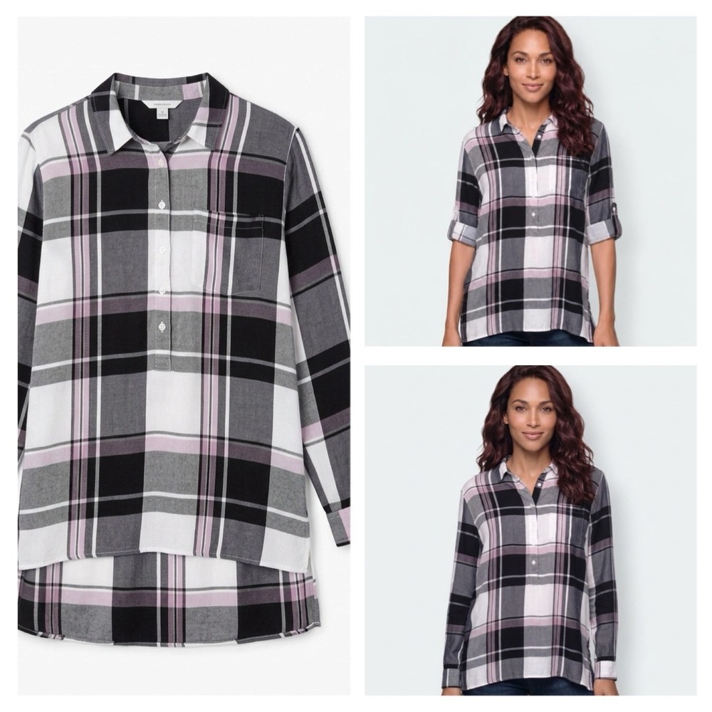 Cato Plaid Tunic Women Large White Navy Pink Casual Long Sleeve Rayon Top